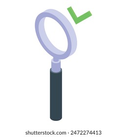 3d isometric illustration of a magnifying glass with a green check mark, symbolizing search and approval