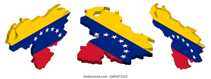 3D isometric illustration map of  Venezuela is shown with the national flag as a cover. The illustration includes isometric views from the top, left, and right.	