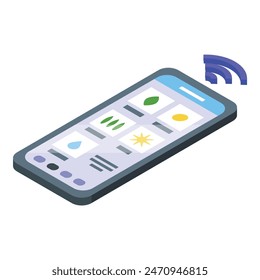 3d isometric illustration of a modern smartphone displaying apps and wireless signal