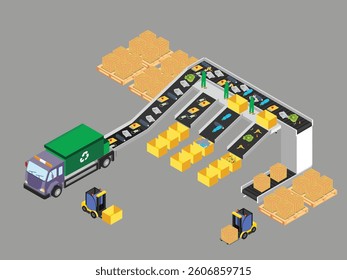 3D Isometric illustration of a modern waste sorting and recycling facility. A recycling truck unloads mixed waste onto a conveyor belt where workers manually and automatically sort materials