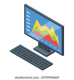 3d isometric illustration of a monitor showing colorful business data analysis charts