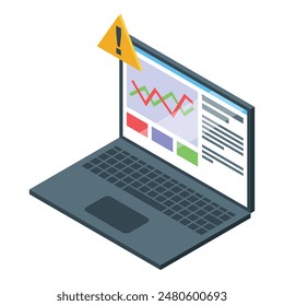 3d isometric illustration of an open laptop displaying charts with a warning flag symbol