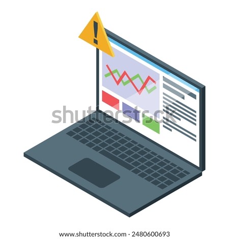 3d isometric illustration of an open laptop displaying charts with a warning flag symbol