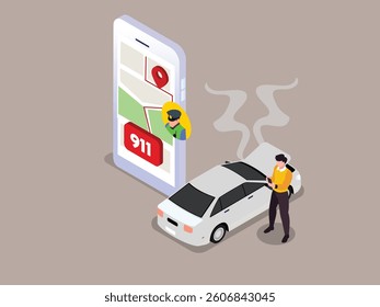 3D Isometric illustration of a person standing next to a smoking car with the hood open, using a smartphone app to call for emergency roadside assistance