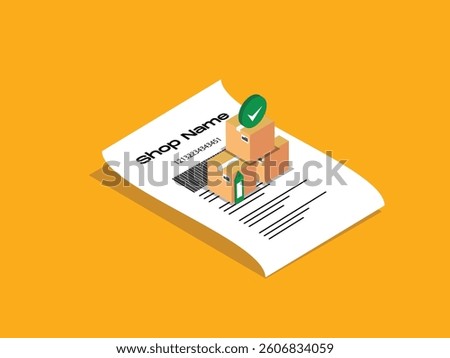 3D Isometric illustration of a receipt or order confirmation with a stack of delivered packages on top marked with a green checkmark, representing successful order fulfillment delivery confirmation
