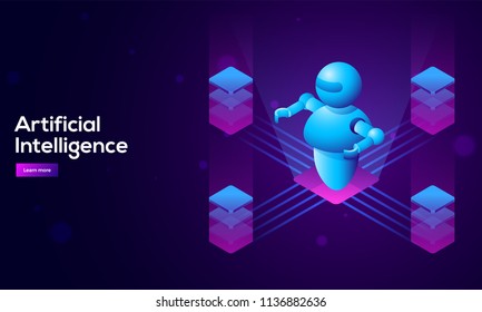 3D isometric illustration of Robot between four glowing blocks for Artificial Intelligence (AI) era, modern technology concept.