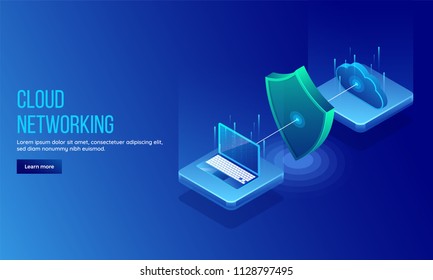 3D isometric illustration of security shield between pc and cloud server for data protection concept landing page or web template design.