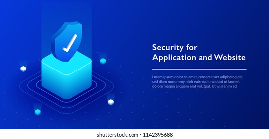 3D isometric illustration of security shield server for data protection concept landing page or web template design.