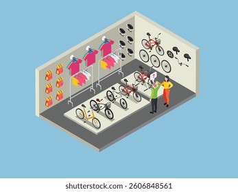3D Isometric illustration showcasing the interior of a bicycle shop. Customers are interacting with a shop assistant, representing bicycle retail and sales.