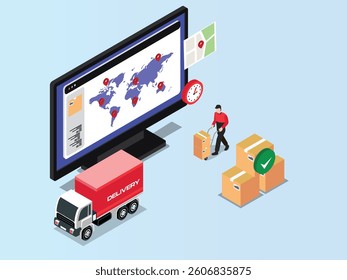 3D Isometric illustration showing a computer monitor displaying a world map with delivery location pins
