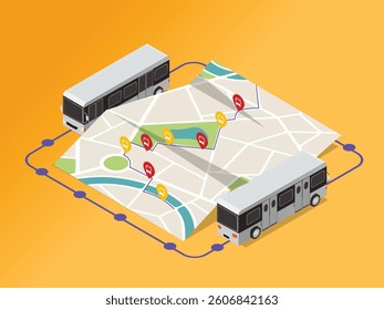 3D Isometric illustration showing two buses navigating a city map with marked routes and bus stop icons