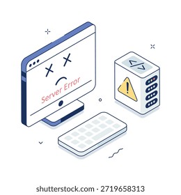 Ilustração isométrica 3D mostrando o erro do servidor Web e o problema de dados.