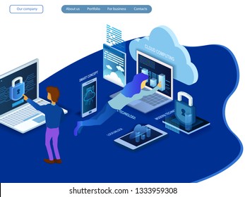 3d isometric illustration. Team work with data lock, cloud, hardware. 