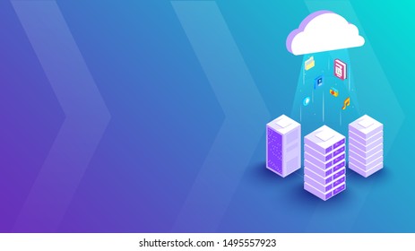 3D isometric illustration of three local server connected with cloud server between glowing rays, business elements for Cloud Storage concept.