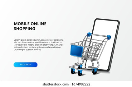 3d isometric illustration trolley with smartphone. Online store shopping and e commerce concept. landing page template