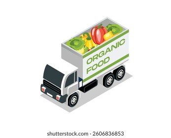 3D Isometric illustration of a truck delivering fresh organic fruits and vegetables