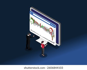 3D Isometric illustration of two professionals standing in front of a large computer screen displaying a stock market chart with BUY and SELL indicators