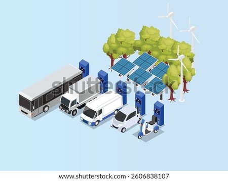 3D Isometric illustration of Various electric vehicles, including a bus, truck, vans, a car, and a scooter, are parked at charging points