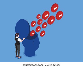 3D isometric illustration of a woman standing next to a large human head with an open top to release negative thoughts