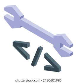 Ilustración isométrica 3d de una llave y tres tornillos sobre un fondo blanco