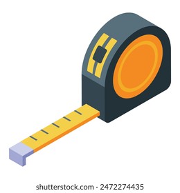 3d isometric illustration of a yellow and black retractable tape measure, a precision measuring tool commonly used in construction and design projects