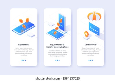 3D Isometric Illustrations of the built-in screen of the user interface of an online banking application with the concepts of payment account, digital bank and payment card delivery. Internet Finance