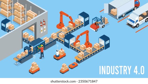 3D isometric Industry 4.0 concept with Internet of Things (IoT), Cloud computing, AI and machine learning, Edge computing, Cybersecurity and Digital twin. Vector illustration eps10