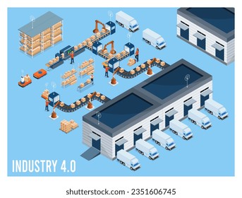 3D isometrische Industrie 4.0 Konzept mit Internet of Things (IoT), Cloud Computing, AI und maschinelles Lernen, Edge Computing, Cybersicherheit und Digital-Twin. Vektorgrafik eps10