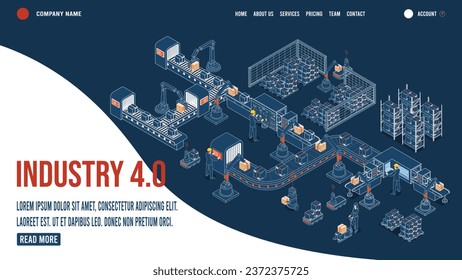 3D isometric Industry 4.0 Landing page template concept with Autonomous robot industrial technology and Artificial intelligence. The steps of the industrial revolution. Vector illustration eps10