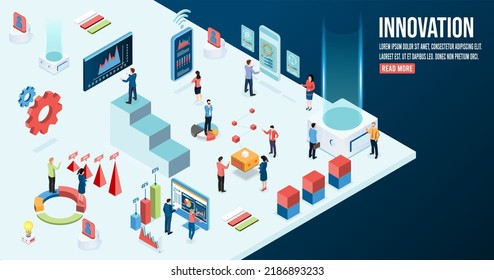 3D isometric innovative solutions concept with creativity and inspiration, idea and imagination for business, research, analysis, Development and science technology.  Vector illustration eps10