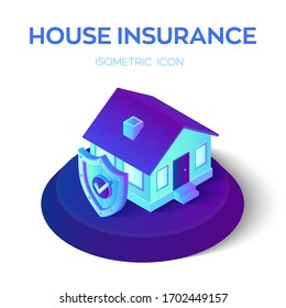 3D isometric insured house with security shield with check icon. Home and house protection insurance policy business service. Property insurance and safe concept. Vector Illustration.