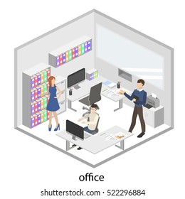 3D isometric interior design office. Department concept.