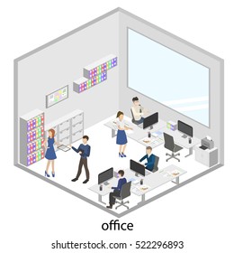 3D isometric interior design office. Department concept.