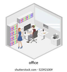 3D isometric interior design office. Department concept.