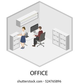 3D isometric interior design office. Department concept.