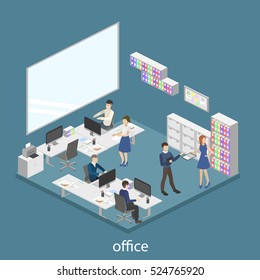 3D isometric interior design office. Department concept.
