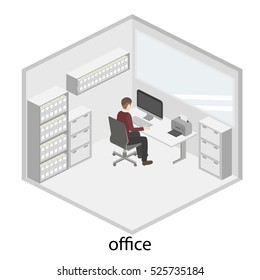 3D isometric interior design office. Department concept.