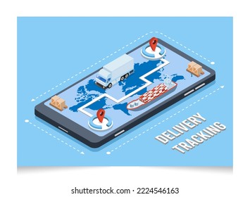 3D isometric International freight delivery smartphone application tracking concept with Smart Logistics, maritime, cargo transportation and logistic service GPS. Vector illustration eps10