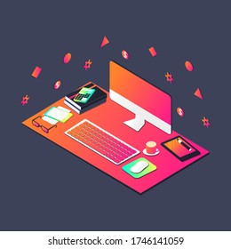 3d Isometric isolated concept of a modern and stylish workplace. Desk, monitor, keyboard, books, phone, tablet, pen, paper, coffee, mouse. Bright gradients on a dark background.