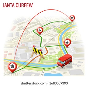 3D Isometric Janta Curfew Map Navigation, Lockdown Point Marker Isometry, Quarantine Drawing Schema With Cargo