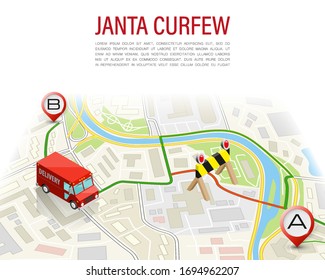 3D Isometric Janta Curfew Map Navigation, Lockdown Point Marker Isometry, Quarantine Drawing Schema With Cargo