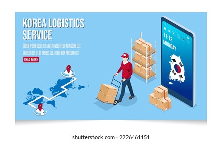 3D isometric Korea Logistics and Delivery services concept with People delivering a box to a customer at home or office. Vector illustration eps10