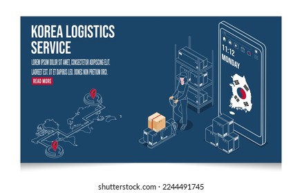 3D isometrisches Korea Logistics and Delivery Services-Konzept mit People, die einem Kunden zu Hause oder im Büro eine Box liefern. Vektorgrafik eps10