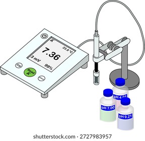 Medidor de pH de laboratorio isométrico 3D con 3 tampones pH 4.01, 7.00, 9.21