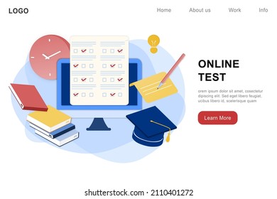 3D isometric landing page template of online examination on computer. Online test, opinion checklist, online education, questionnaire form, survey metaphor, answering internet quiz, computer testing.