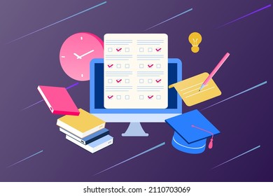 3D isometric landing page template of online examination on computer. Online test, opinion checklist, online education, questionnaire form, survey metaphor, answering internet quiz, computer testing.