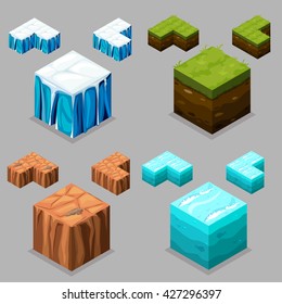 3D Isometric Landscape Cube - Ice, Desert , Land And Water Element. Icon Can Be Used For Game, Web, Mobile App, Infographics. Game Asset.