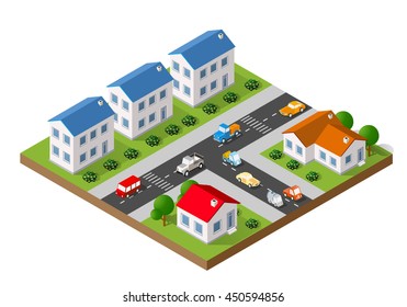 3D Isometric Landscape Of A Small Town With Houses And Streets With Trees