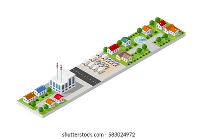 3D isometric landscape of a small town with houses and streets with trees