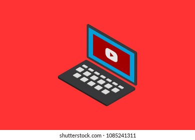 3d isometric laptop icon with video play vector flat pictograph stock design illustration